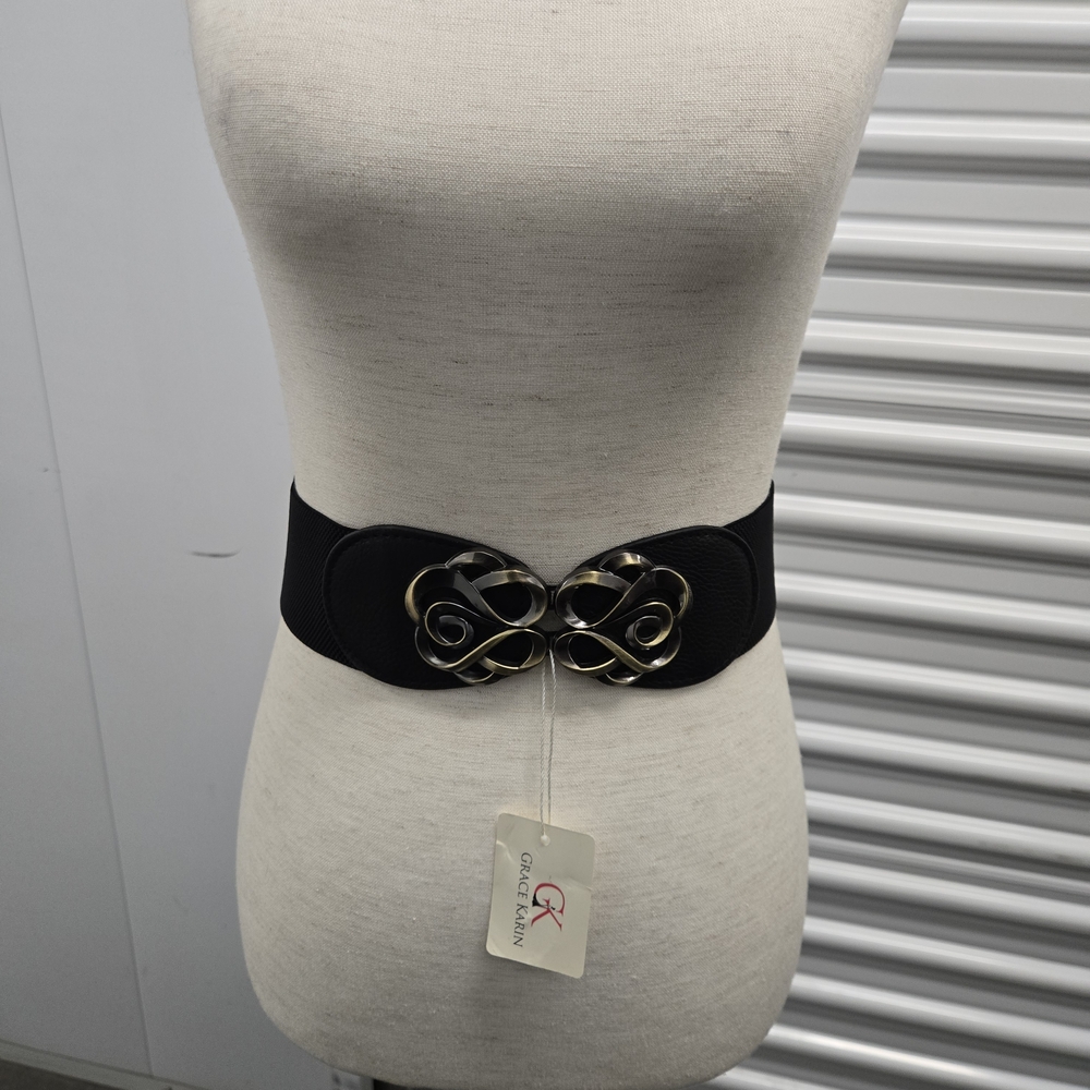 Grace Karin Black Stretch Waist Belt w/ Antique Gold Swirl Buckle NWT
